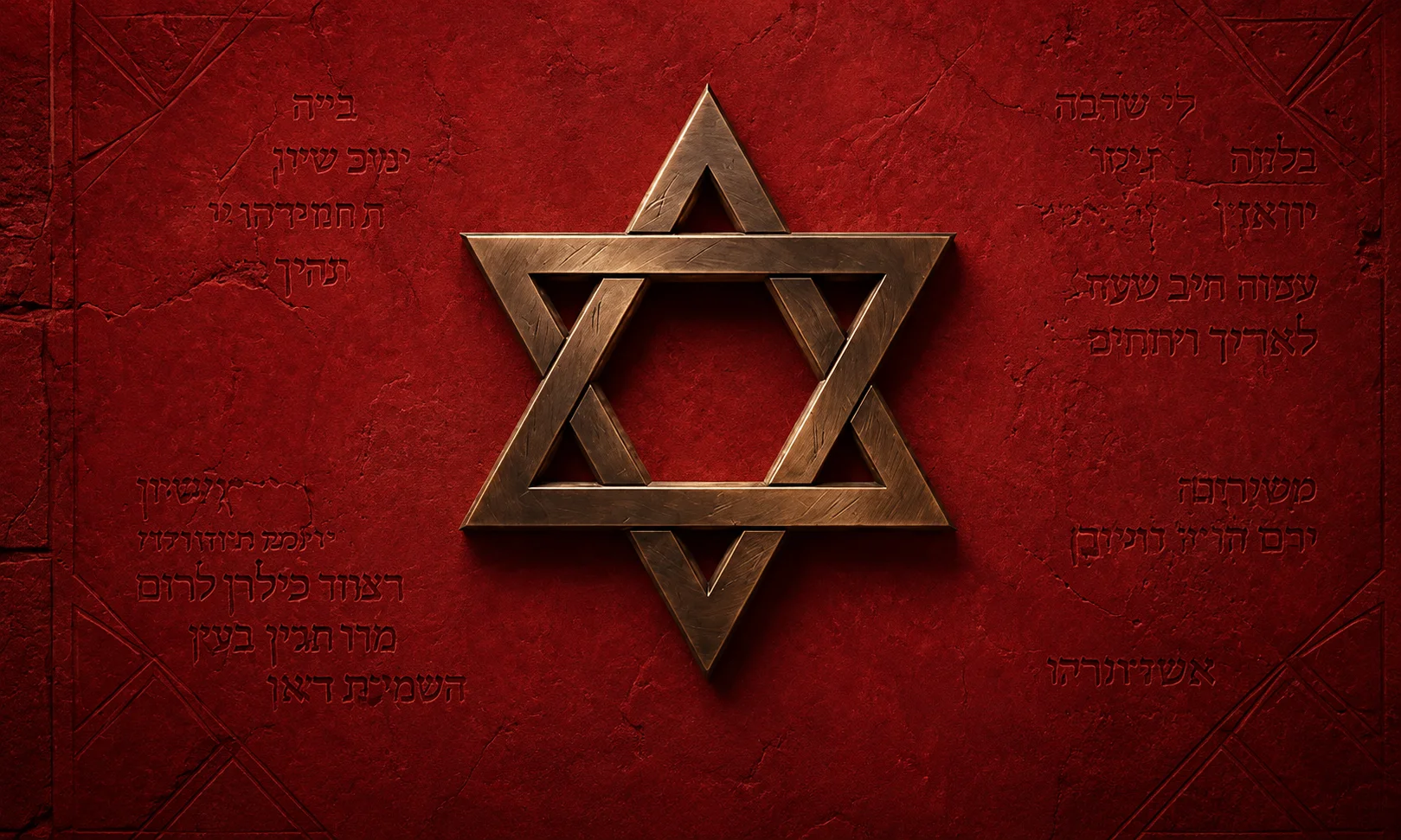 A detailed metallic six-pointed star resting against a textured red background with inscriptions.