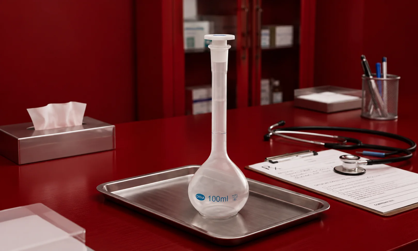 Clear borosilicate glass volumetric flask showing its etched calibration line on the narrow neck and a fitted stopper.