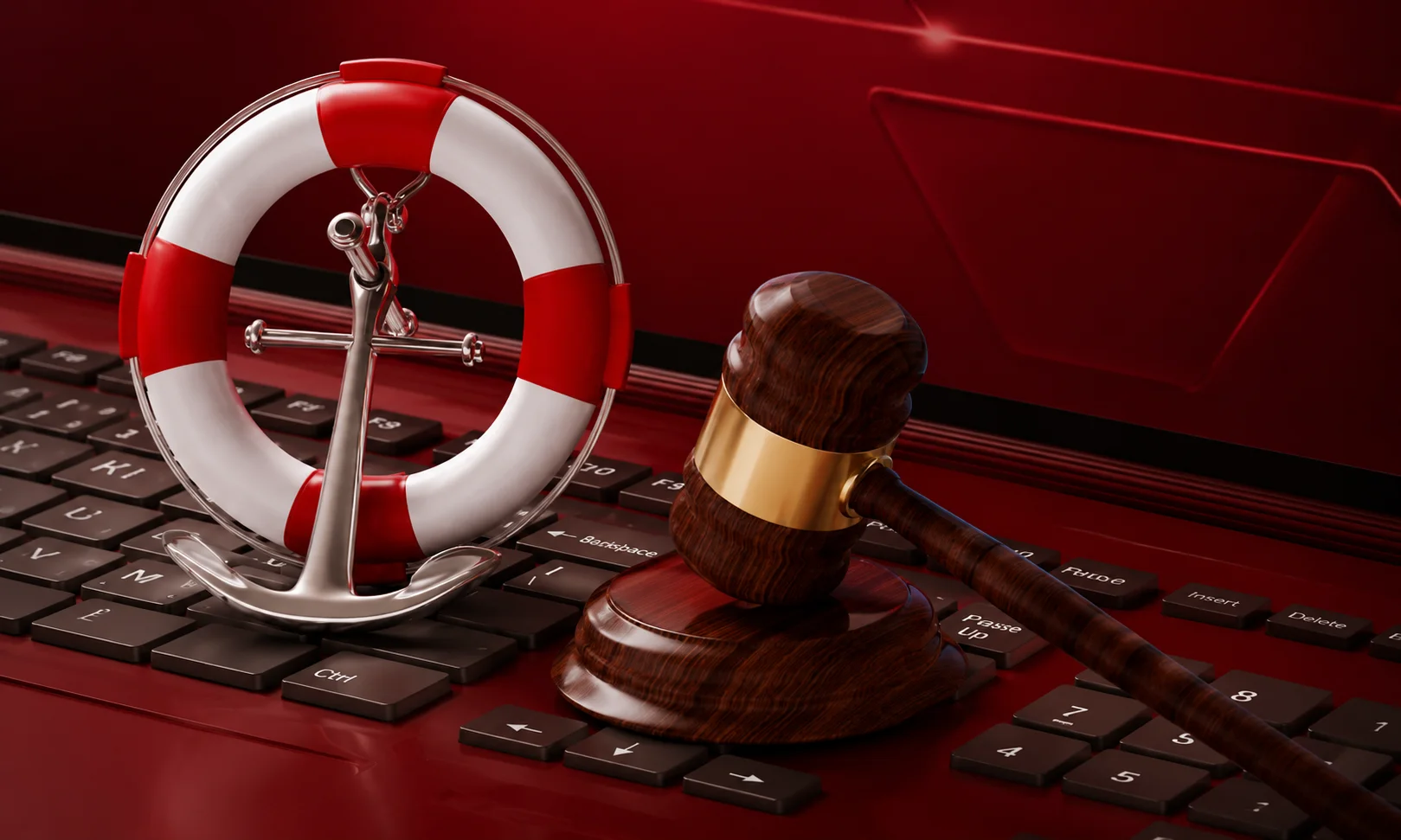 A miniature lifebuoy with an anchor and a wooden legal gavel placed on a red computer keyboard