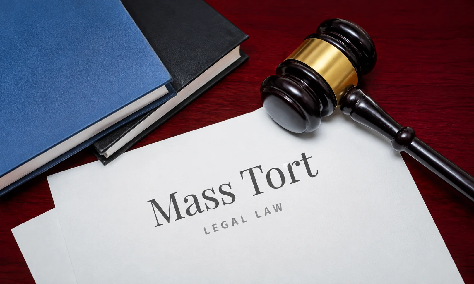 Legal documents labeled Mass Tort Legal Law placed next to law books and a gavel.