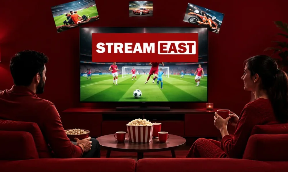 People watching a live sports stream on a television set against a dark red ambient background.