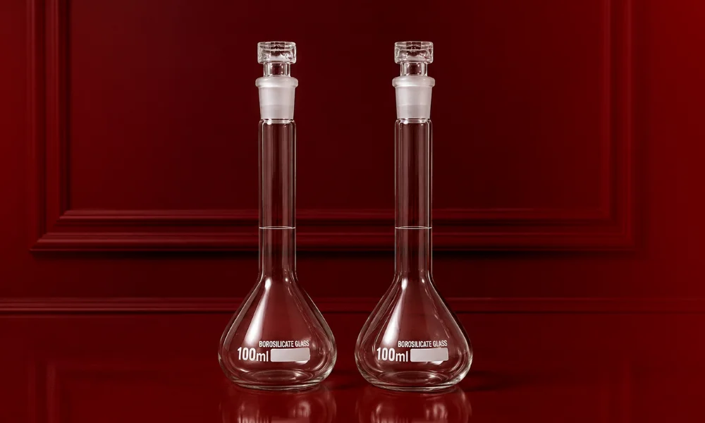 Laboratory technician filling a volumetric flask to the calibration mark for precise solution dilution.