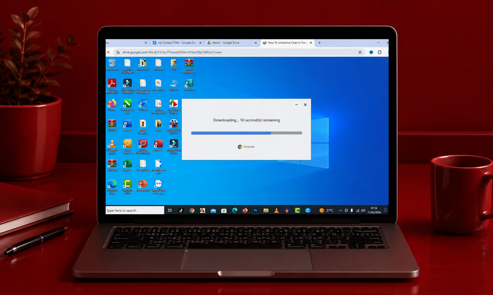 A laptop screen displaying an active file download progress bar for the enterprise browser.