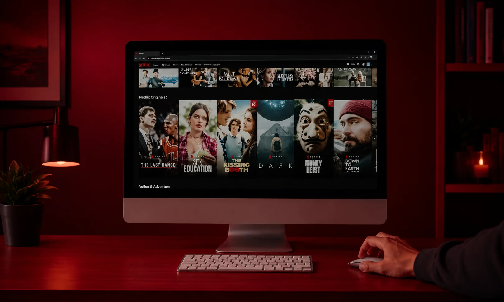 A desktop monitor showing a streaming platform interface against a dark red background.