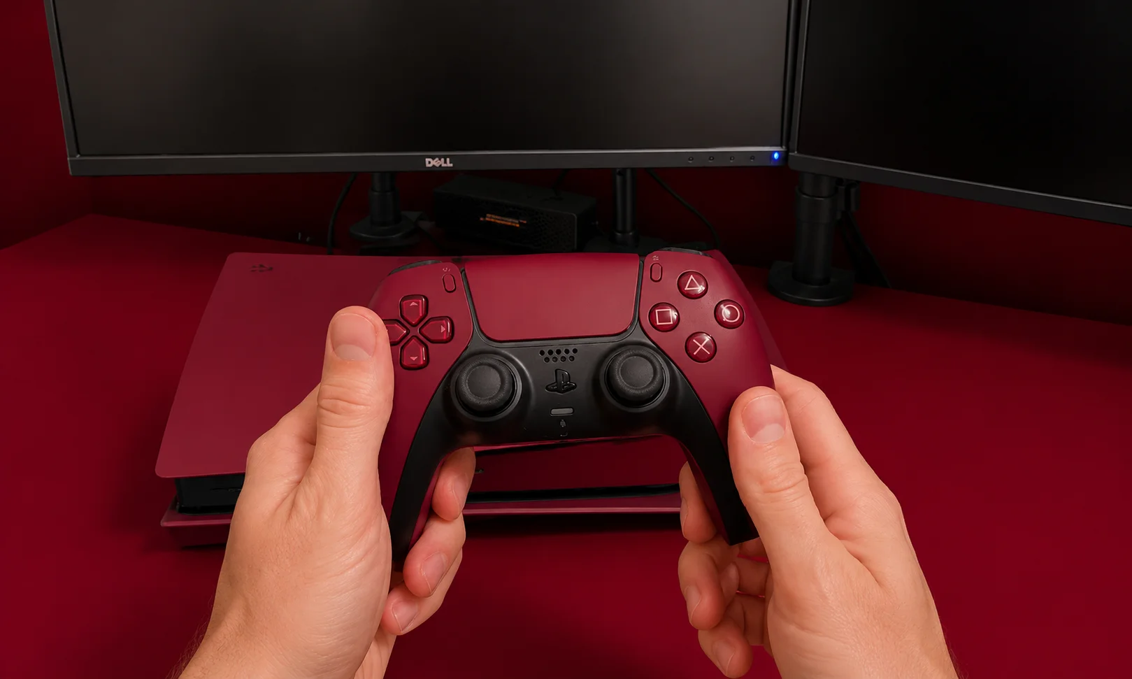 Hands holding a video game controller set against a dark red ambient background.