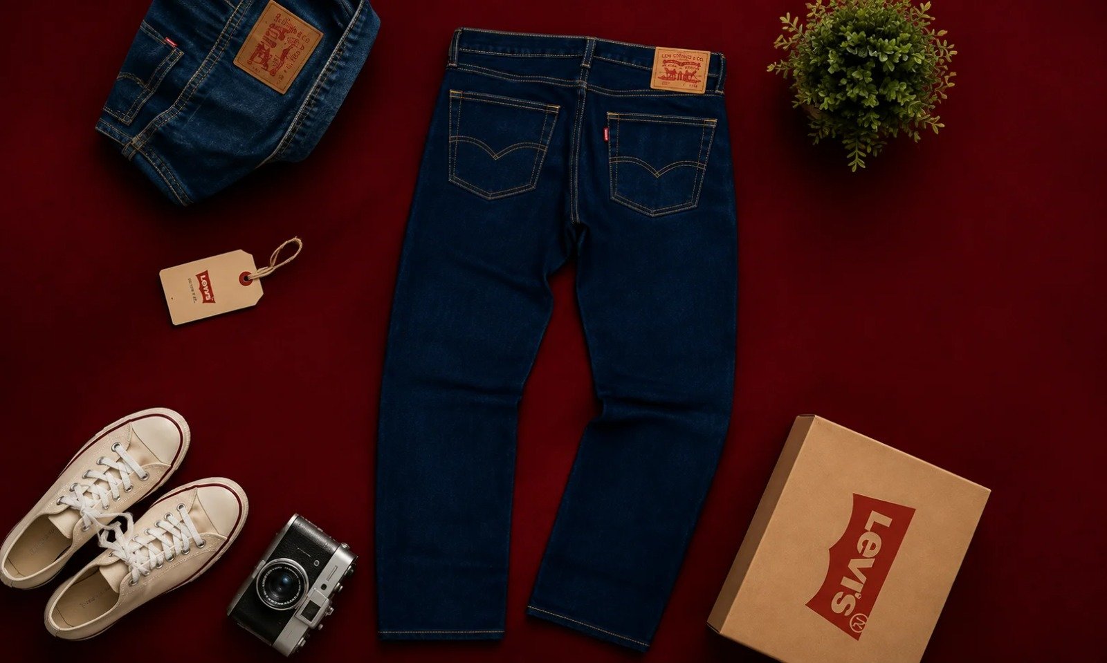 Levi's denim jeans and apparel laid out.