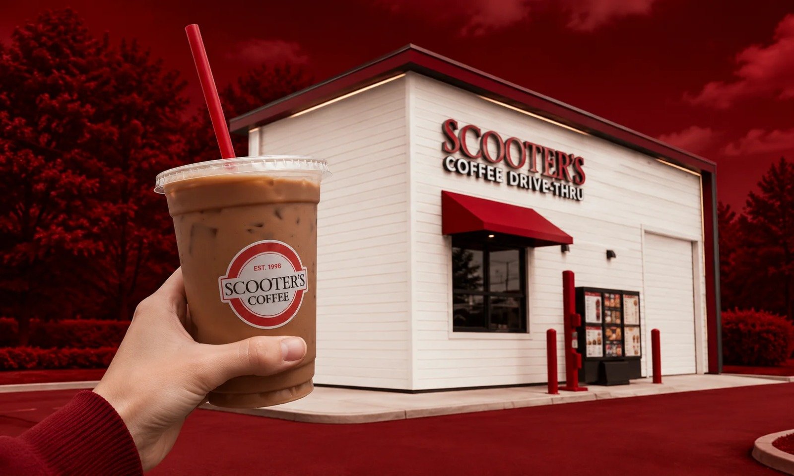 A Scooter's Coffee drive-thru building with a hand holding a cup in the foreground.