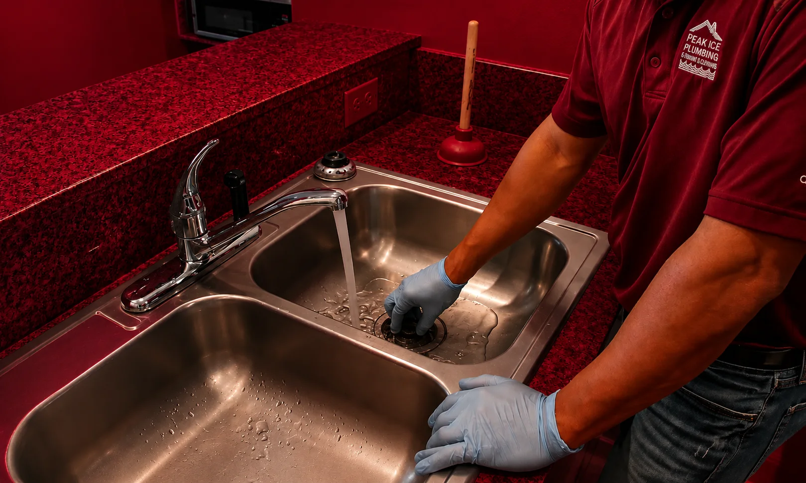 A plumber wearing blue gloves working on a double kitchen sink displayed against a rich red studio backdrop.