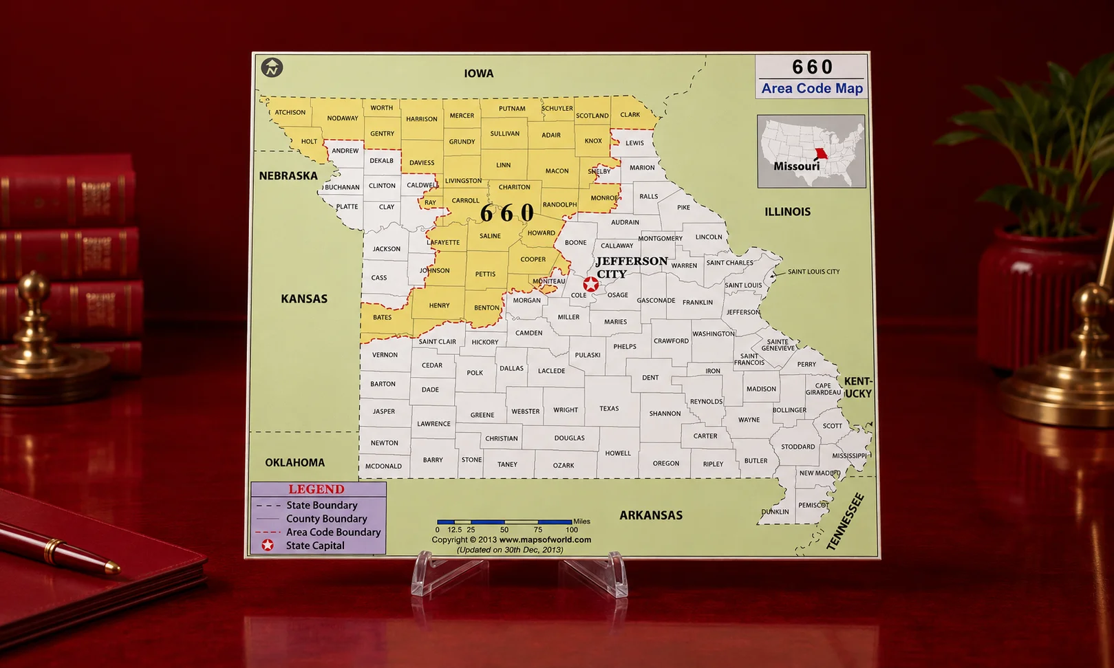 Map showing central and northern Missouri regions covered by area code 660