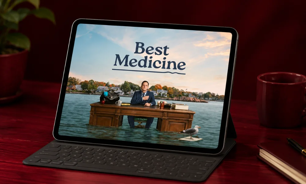 | Best Medicine: Everything to Know About the 2026 Medical Comedy Drama A tablet screen displaying the promotional title and imagery for the television series Best Medicine