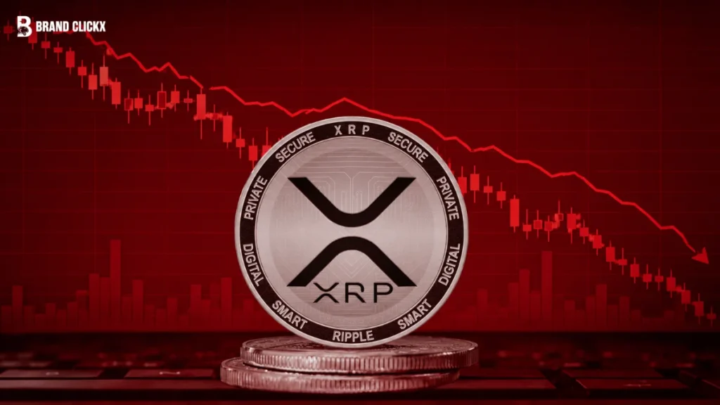 XRP coin graphic against a red market decline background