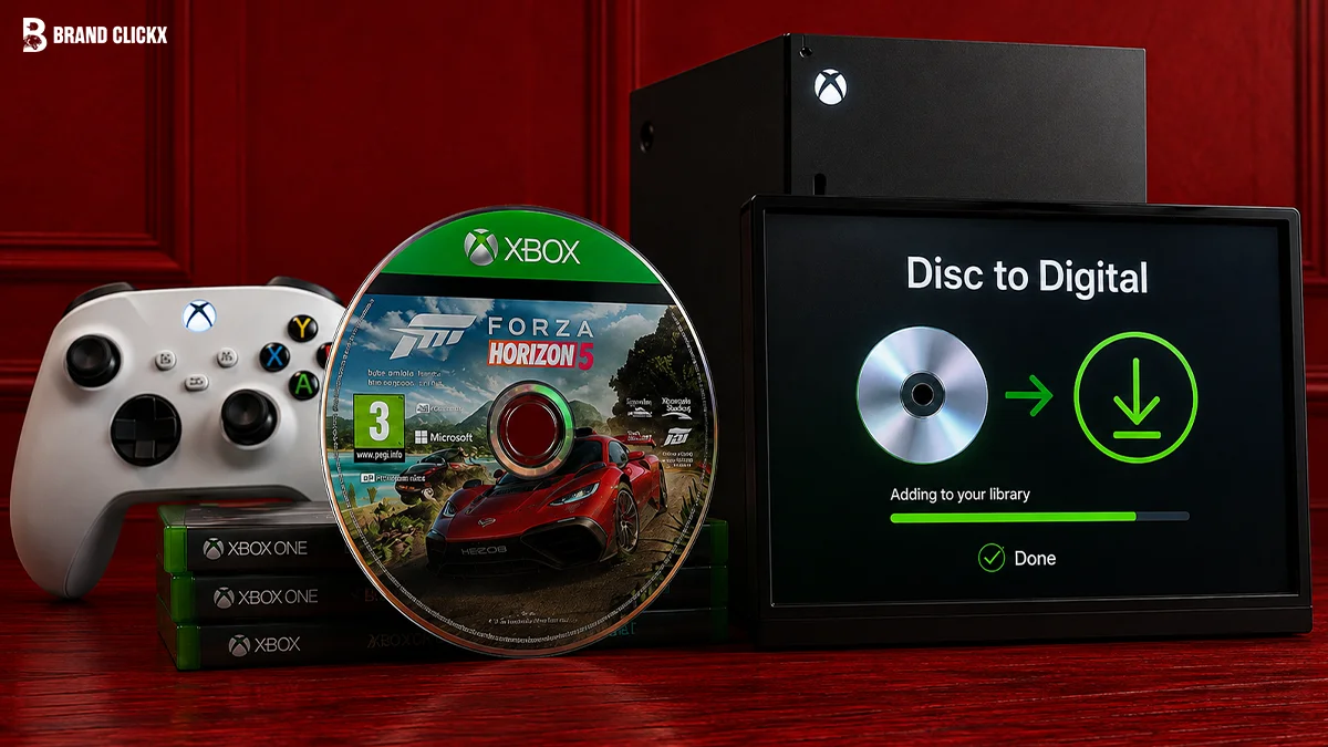 Xbox Series X console, controller, and Forza Horizon 5 disc on glowing red background