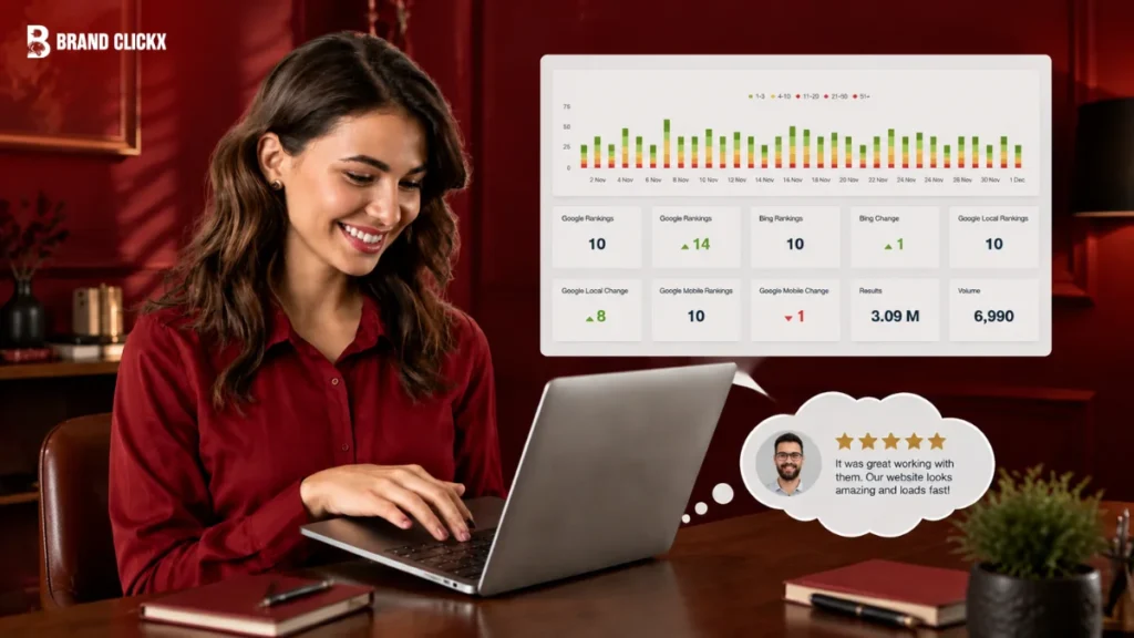 Your Rankings Arent Telling You What Your Customers See A person working on a laptop at a desk with a data chart displayed in the background, set against a dark red ambient setting.