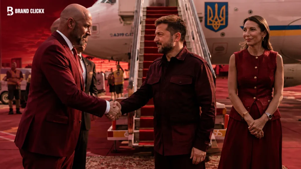 Two individuals shaking hands in a formal setting against a dark red ambient background.