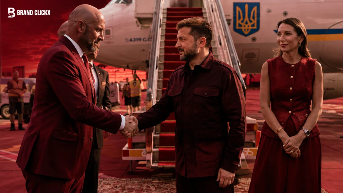 Zelenskyy Landed in Belgrade feature Two individuals shaking hands in a formal setting against a dark red ambient background.