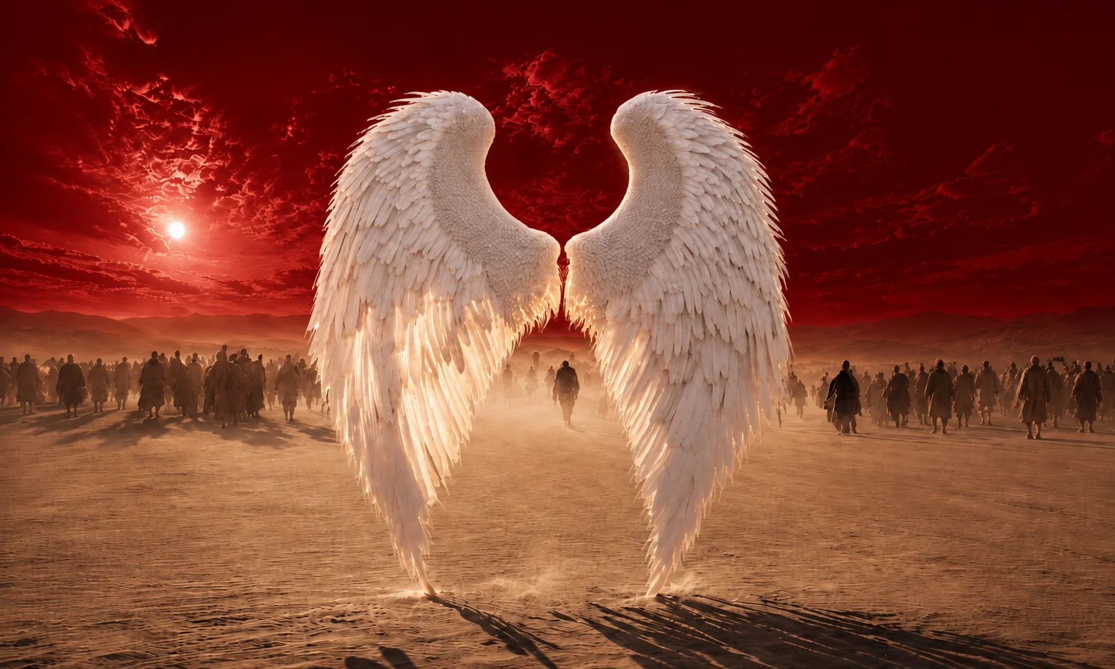 | Angel Wings Meaning, Symbolism & Spiritual Guide (2026) White feathered wings artwork set in a high contrast red theme
