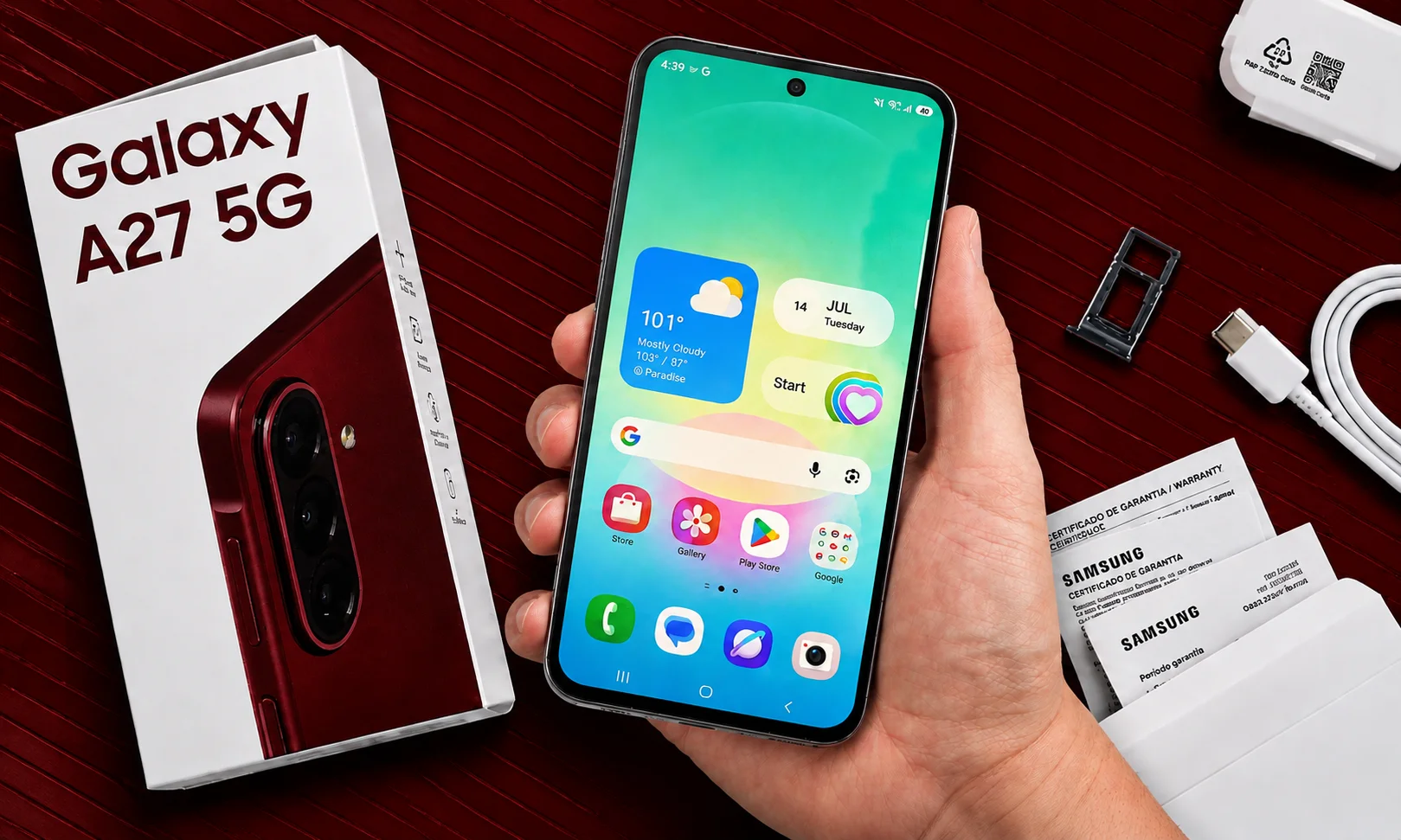 A person holding a smartphone out of its retail packaging against a deep red background.