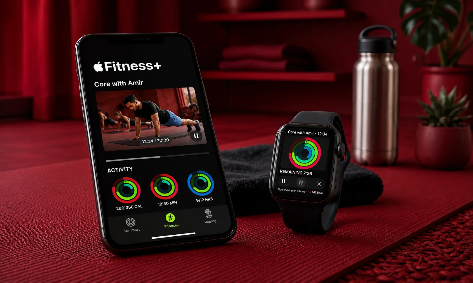 Apple Fitness+ app dashboard displaying guided workouts and real-time exercise metrics for Apple Watch users.