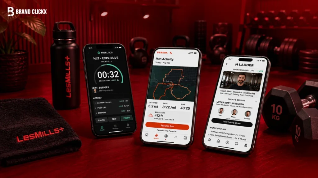 Smartphone displaying top-rated best workout apps for strength training, home exercise, and activity tracking.