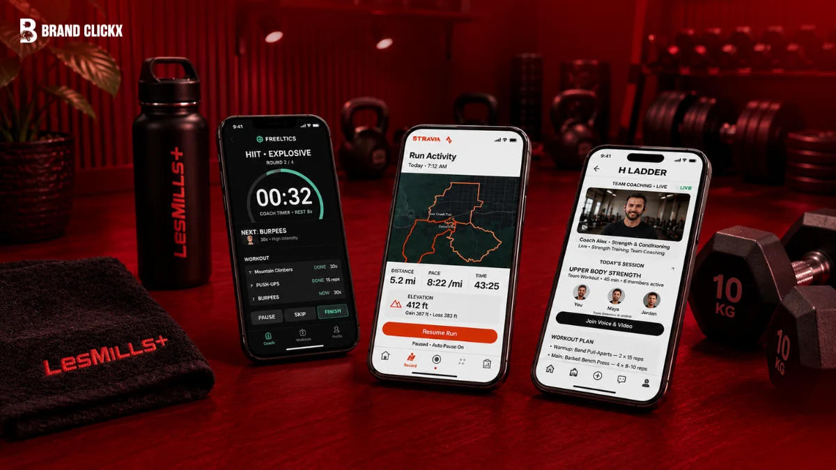 Smartphone displaying top-rated best workout apps for strength training, home exercise, and activity tracking.