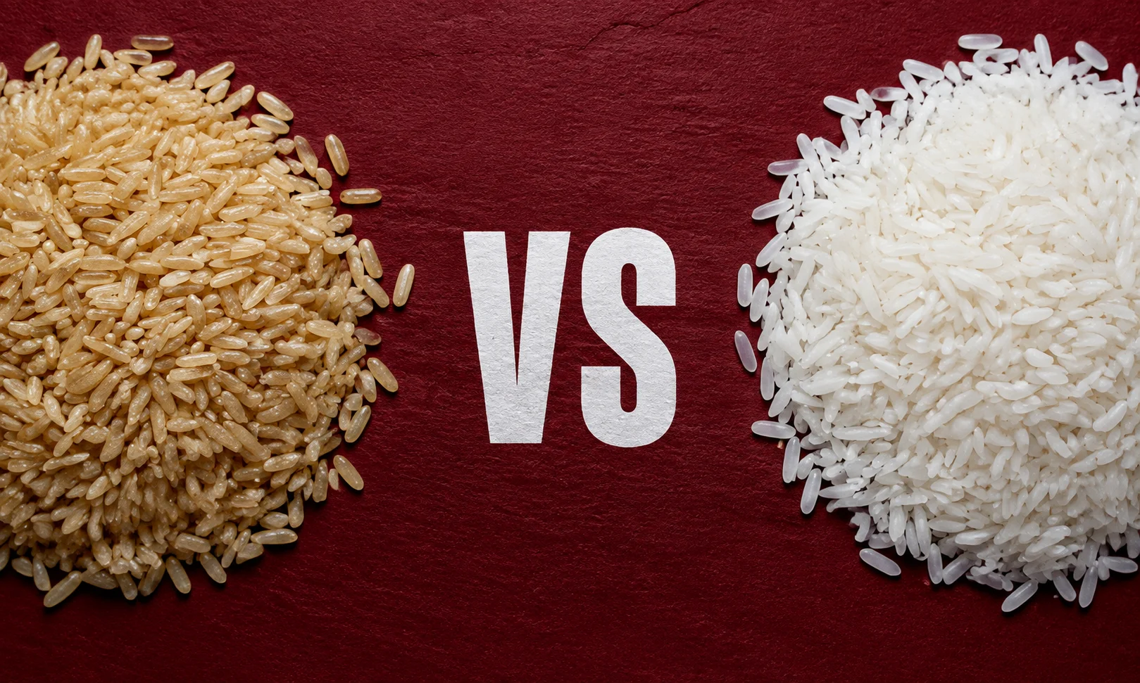 A visual comparison of brown rice versus white rice showcased under a warm red-toned aesthetic.