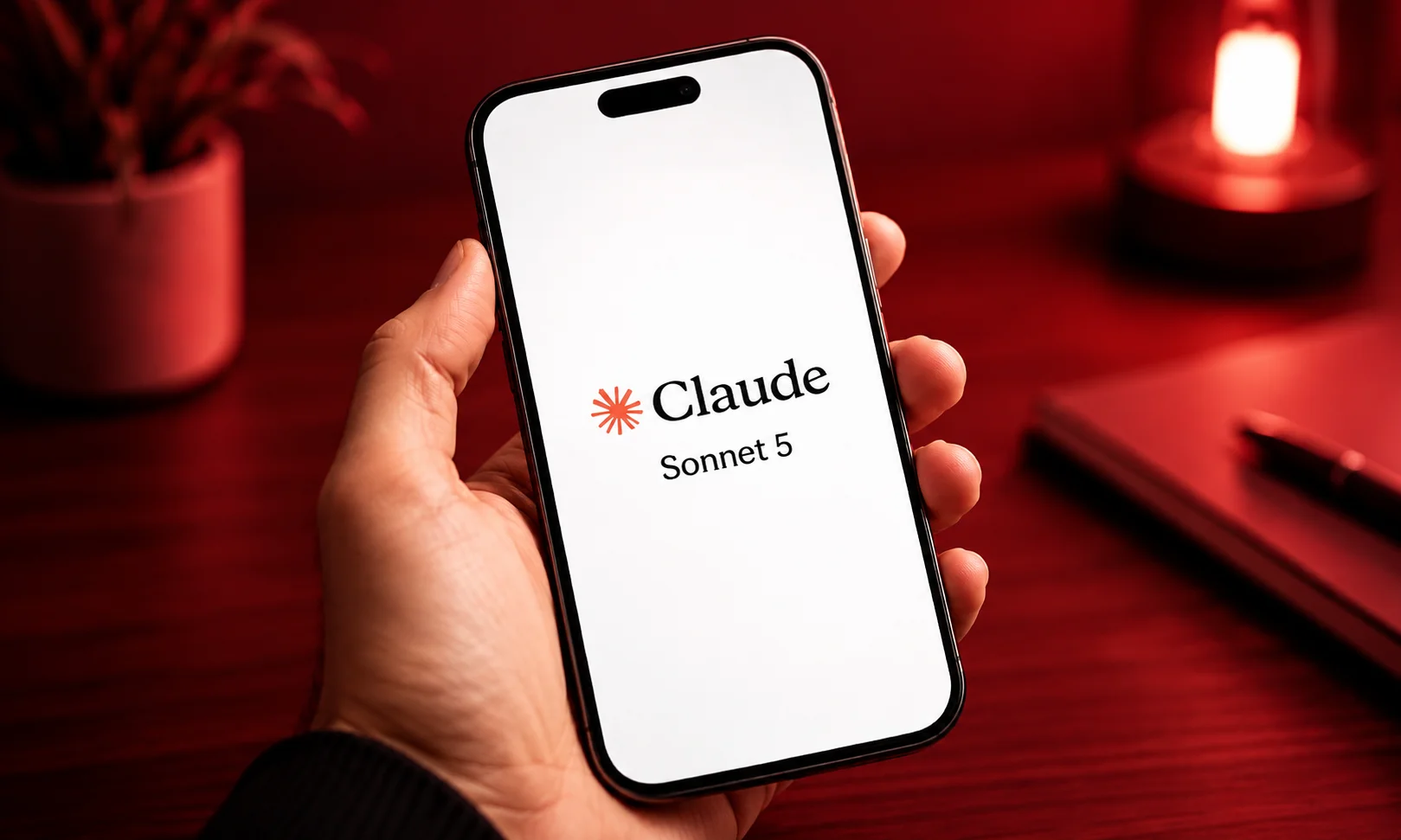 Hand holding a smartphone displaying the Claude AI interface in a red room
