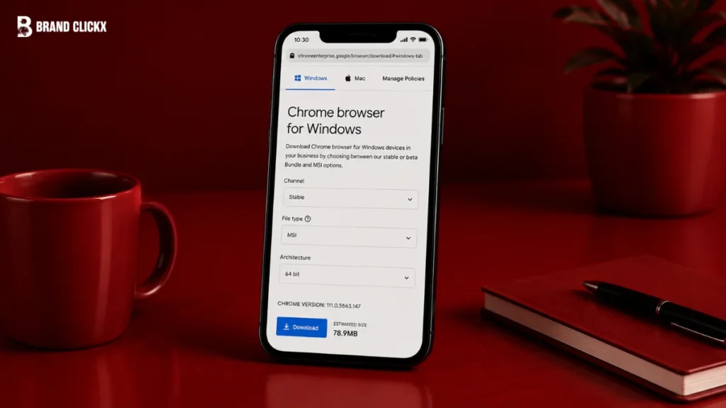 mobile phone displaying the download setup for the Chrome Business Installer on a Windows system.