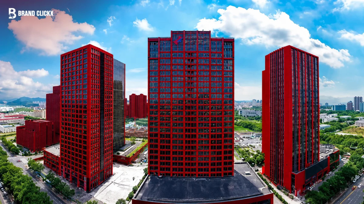 Modern red corporate skyscrapers representing the best insurance companies in the world by BrandClickX.