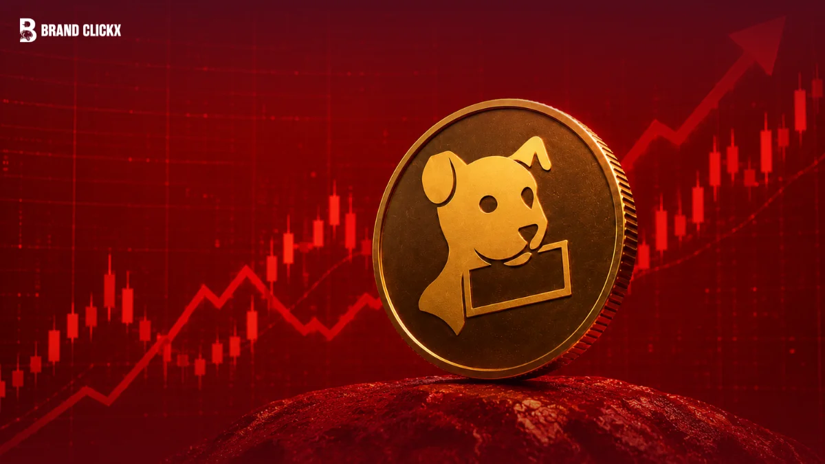 A golden token with the Datadog logo displayed against a red stock market chart background analyzing ddog stock performance.