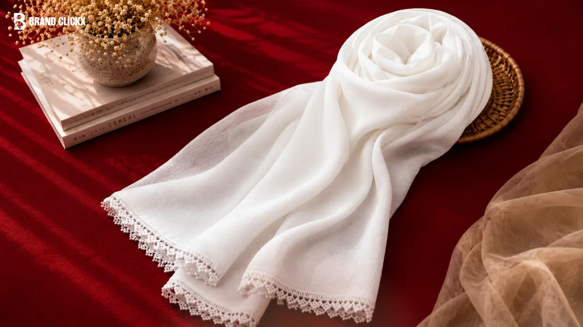 A beautifully folded white traditional scarf resting on a table next to books and flowers