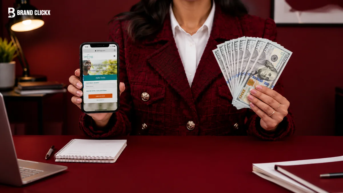 Person holding a smartphone showing the Best Egg loan application page and a fan of U.S. hundred-dollar bills