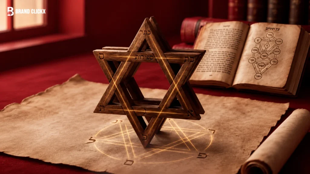 A wooden 3D hexagram exploring the deep historical star symbol meaning alongside ancient texts and scrolls