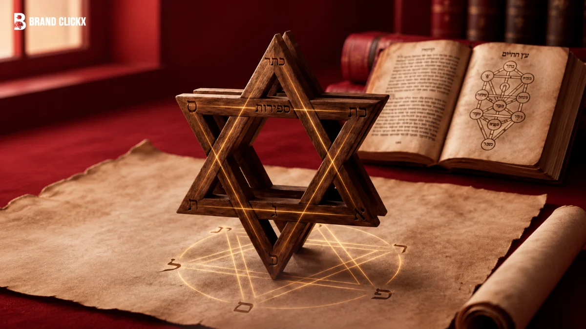 A wooden 3D hexagram exploring the deep historical star symbol meaning alongside ancient texts and scrolls