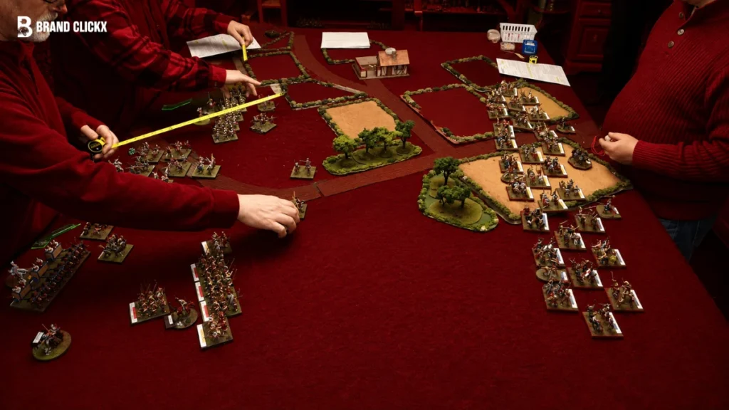 feature tabletop Featured overview of tabletop war game miniatures arranged on a custom battlefield with painted terrain.