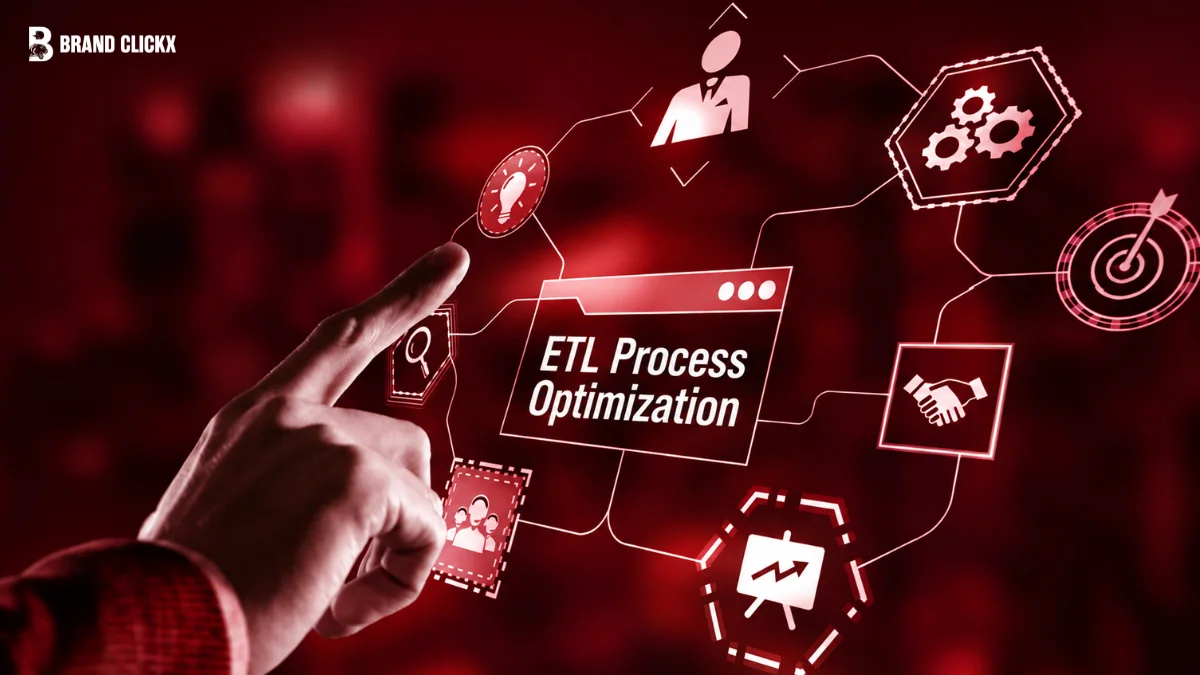 Person pointing at an interactive graphic about ETL process optimization strategy and data workflow steps