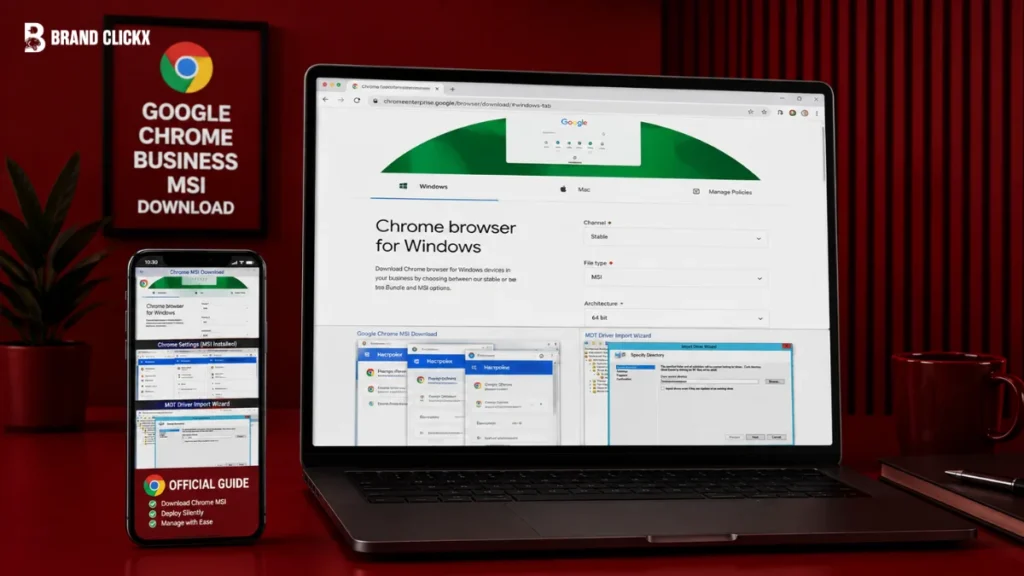 A laptop and mobile phone displaying the official setup page for the Google Chrome Business MSI Download.
