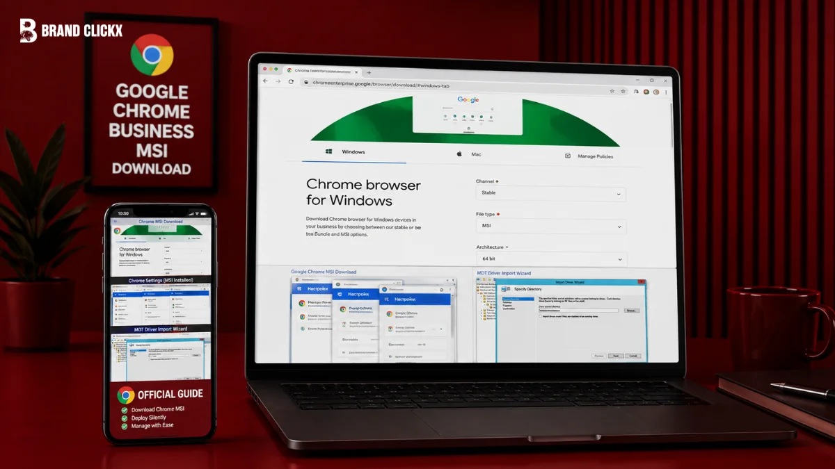 featuree image chromee A laptop and mobile phone displaying the official setup page for the Google Chrome Business MSI Download.
