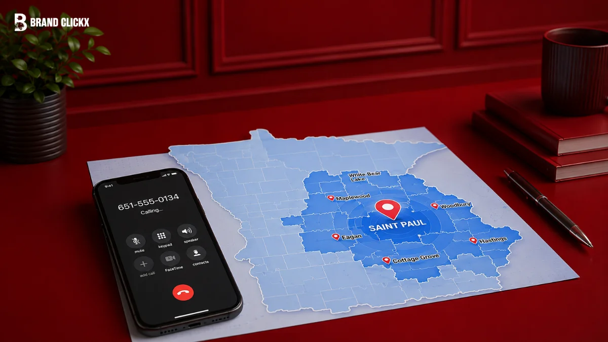 A smartphone displaying a Minnesota 651 area code call next to a regional map of Saint Paul and surrounding cities by BrandClickX.