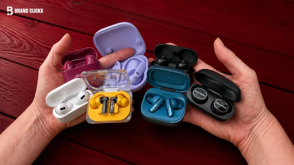 Comparison of various premium wireless earbuds and charging cases from top brands