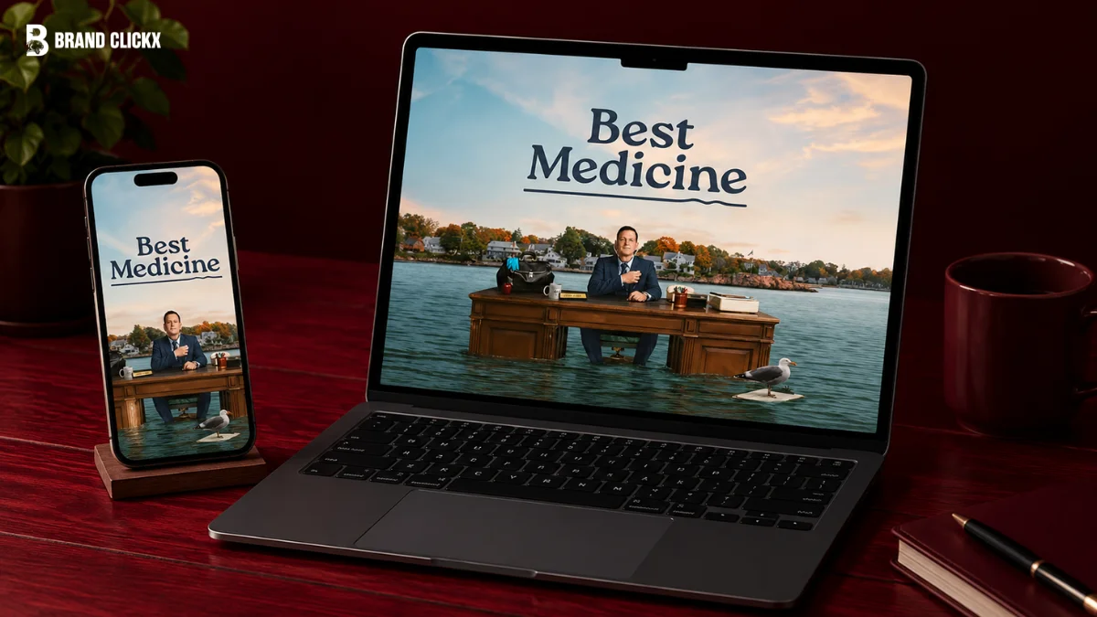 A laptop and smartphone displaying the title Best Medicine for an online review of the medical comedy drama series