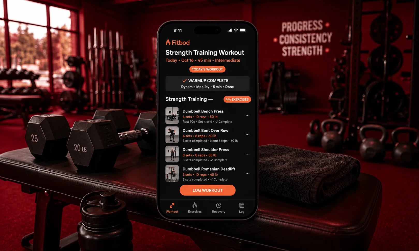 Fitbod strength training app interface showing personalized gym workouts and muscle recovery tracking.