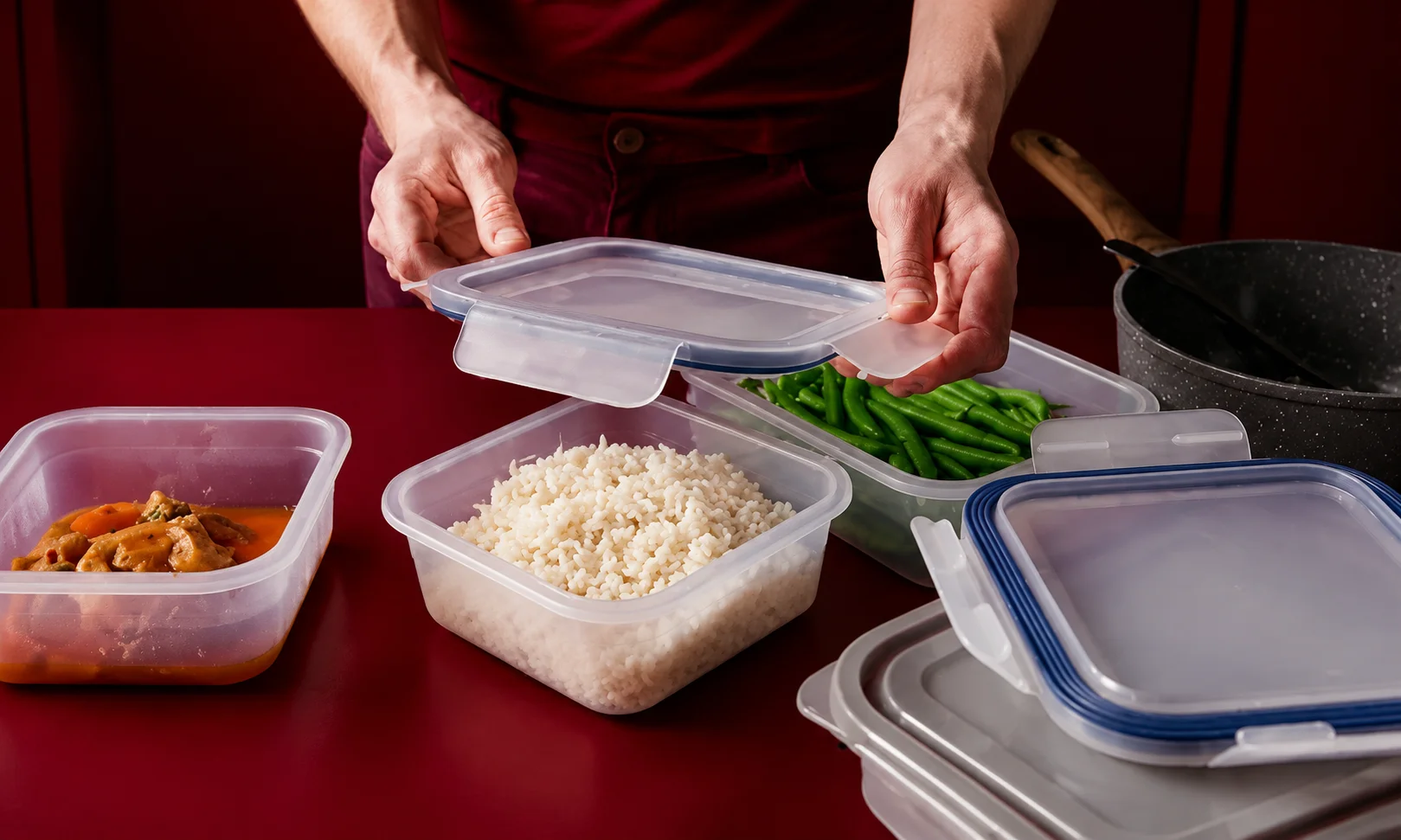 Assorted storage containers and leftover rice arranged on a dark red surface.