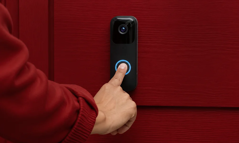 Person pressing a wireless video doorbell