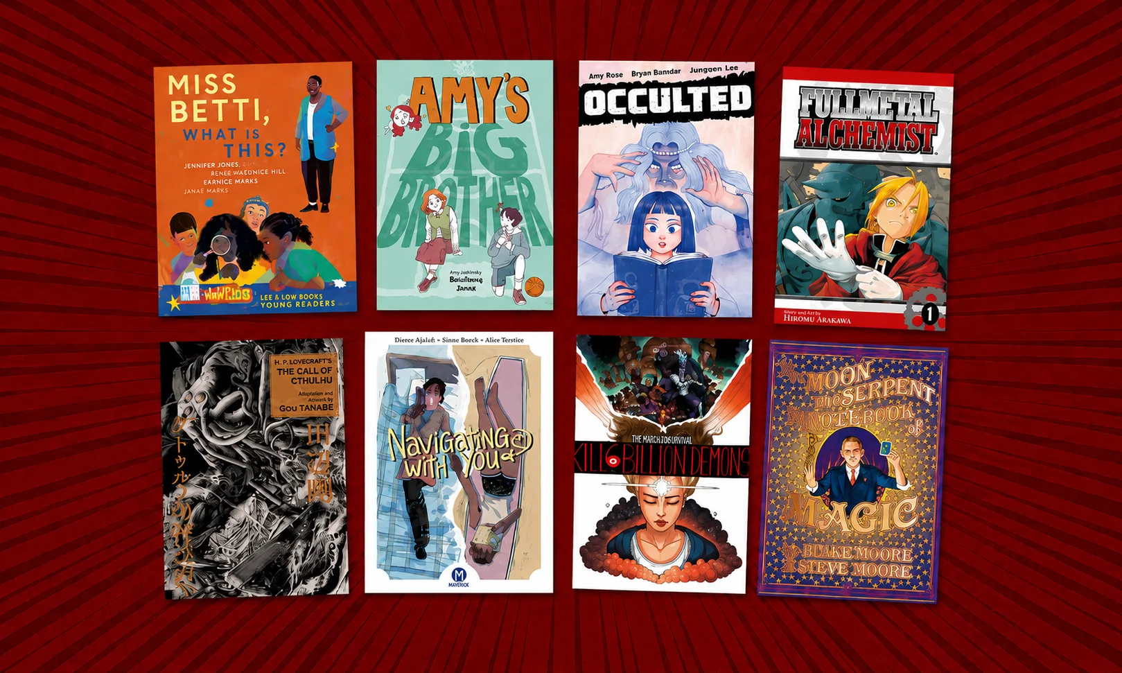 Collection of comic book pages and issues scattered across a red-themed workspace
