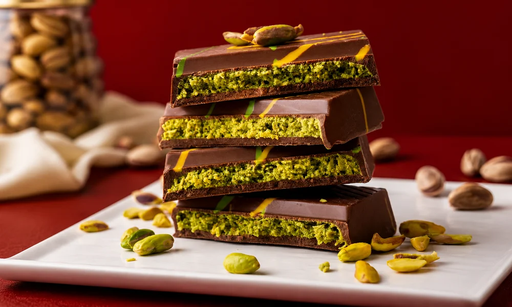 Stacked gourmet Dubai pistachio chocolate bars on a white plate against a dark red background