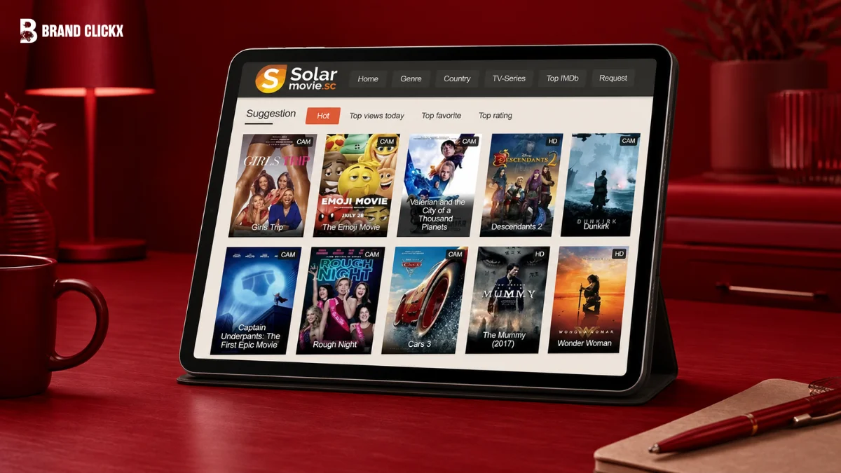 Tablet displaying a movie streaming library interface set against a dark red background