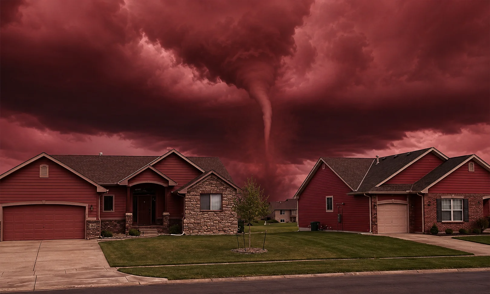 Suburban neighborhood under a severe weather tornado watch alert