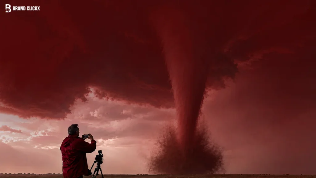 Storm chaser photographing a dramatic severe weather tornado