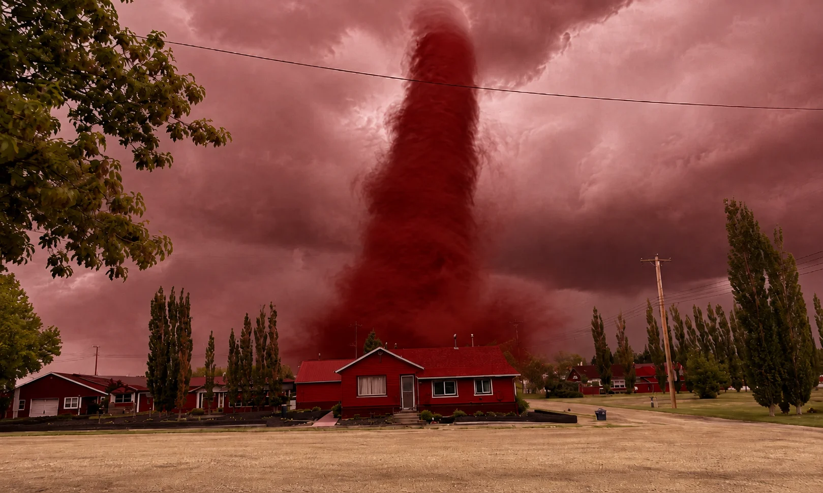 Threatening red sky and severe weather tornado near residential houses