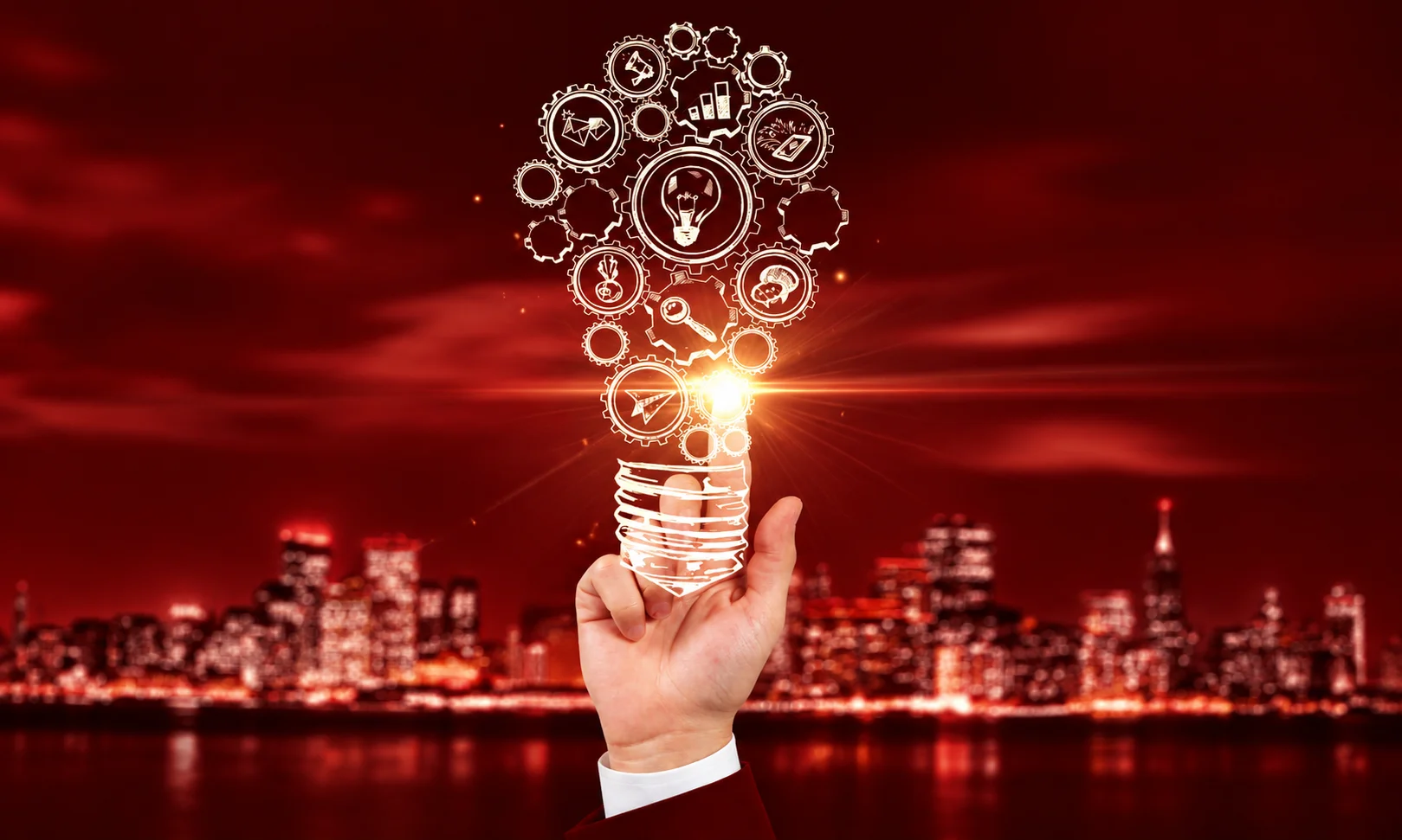 Conceptual illustration of a glowing lightbulb with technical icons and gears over a city skyline representing an AI-first overview.